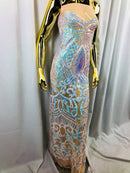 Iridescent Aqua  Sequin - 4 Way Stretch Embroidered Royalty Sequins Fancy Design Fabric By Yard
