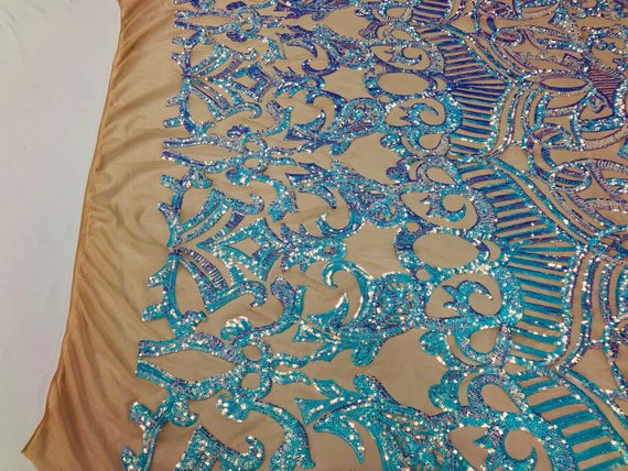 Fabric 4 Way Stretch - Iridescent Aqua Sequins - Embroidered Blush Mesh LaceFabric By The Yard