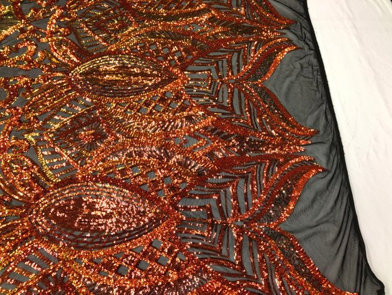 Fabric 4 Way Stretch  - Iridescent Orange Sequins - Embroidered Lace Fabric By The Yard