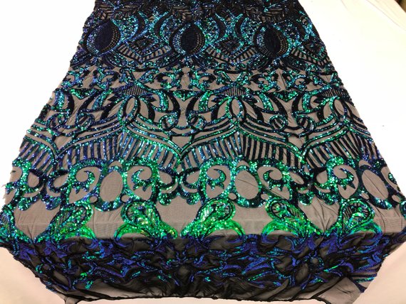Iridescent Green - 4 Way Stretch Embroidered Royalty Sequins Design Fabric By Yard