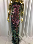 Iridescent Rainbow - 4 Way Stretch Embroidered Royalty Sequins Design Fabric By Yard