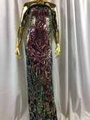 Iridescent Rainbow - 4 Way Stretch Embroidered Royalty Sequins Design Fabric By Yard