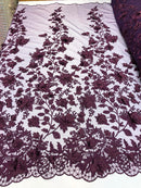 Plum 3D Floral Design Embroider With Pearls On A Mesh Lace Dresses-Prom-Nightgown By Yard