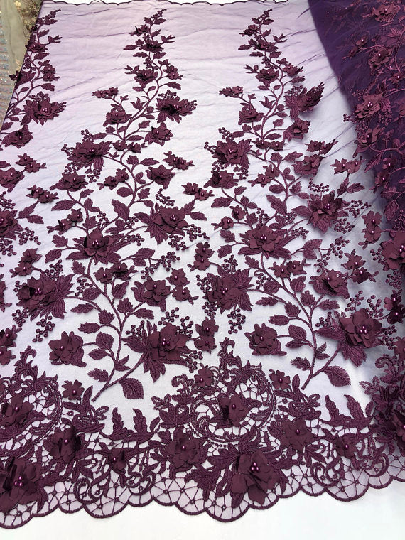 Plum 3D Floral Design Embroider With Pearls On A Mesh Lace Dresses-Prom-Nightgown By Yard