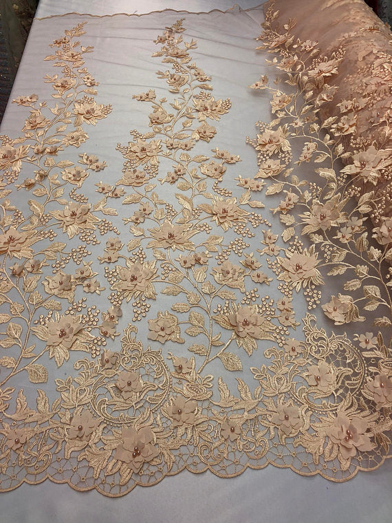 Blush Peach 3D Floral Design Embroider With Pearls On A Mesh Lace By The Yard