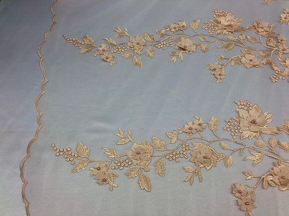 Blush Peach 3D Floral Design Embroider With Pearls On A Mesh Lace By The Yard