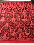 Big Damask Sequins Fabric - Red - 4 Way Stretch Damask Sequins Design Fabric By Yard