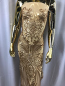 Big Damask Sequins Fabric - Matte Gold - 4 Way Stretch Damask Sequins Design Fabric By Yard