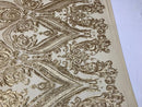 Big Damask Sequins Fabric - Matte Gold - 4 Way Stretch Damask Sequins Design Fabric By Yard