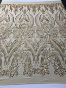 Big Damask Sequins Fabric - Matte Gold - 4 Way Stretch Damask Sequins Design Fabric By Yard
