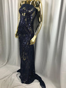 Big Damask Sequins Fabric - Navy Blue - 4 Way Stretch Damask Sequins Design Fabric By Yard