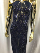 Big Damask Sequins Fabric - Navy Blue - 4 Way Stretch Damask Sequins Design Fabric By Yard