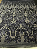 Big Damask Sequins Fabric - Navy Blue - 4 Way Stretch Damask Sequins Design Fabric By Yard