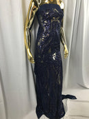 Big Damask Sequins Fabric - Navy Blue - 4 Way Stretch Damask Sequins Design Fabric By Yard