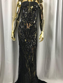 Big Damask Sequins Fabric - Black - 4 Way Stretch Damask Sequins Design Fabric By Yard