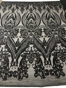 Big Damask Sequins Fabric - Black - 4 Way Stretch Damask Sequins Design Fabric By Yard