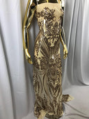 Big Damask Sequins Fabric - Gold - 4 Way Stretch Damask Sequins Design Fabric By Yard