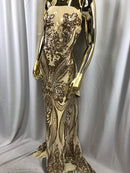 Big Damask Sequins Fabric - Gold - 4 Way Stretch Damask Sequins Design Fabric By Yard