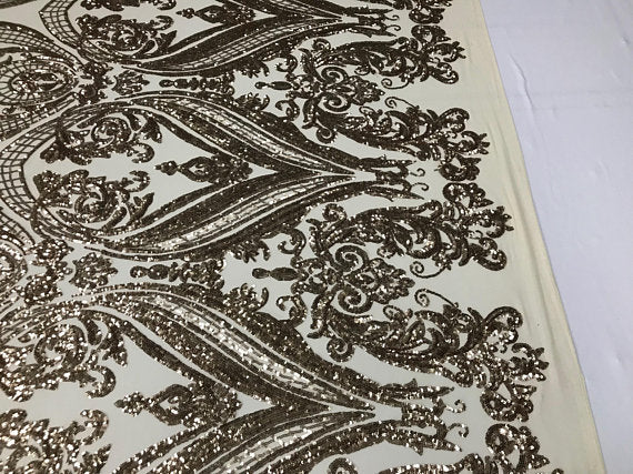 Big Damask Sequins Fabric - Gold - 4 Way Stretch Damask Sequins Design Fabric By Yard