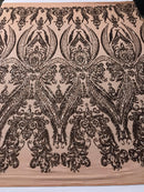 Big Damask Sequins Fabric - Rose Gold  - 4 Way Stretch Damask Sequins Design Fabric By Yard