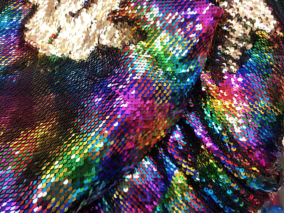 Mermaid Sequins Fabric Reversible 2 Way Stretch RAINBOW GOLD Shiny Flip Up Sequins Fabric By Yard