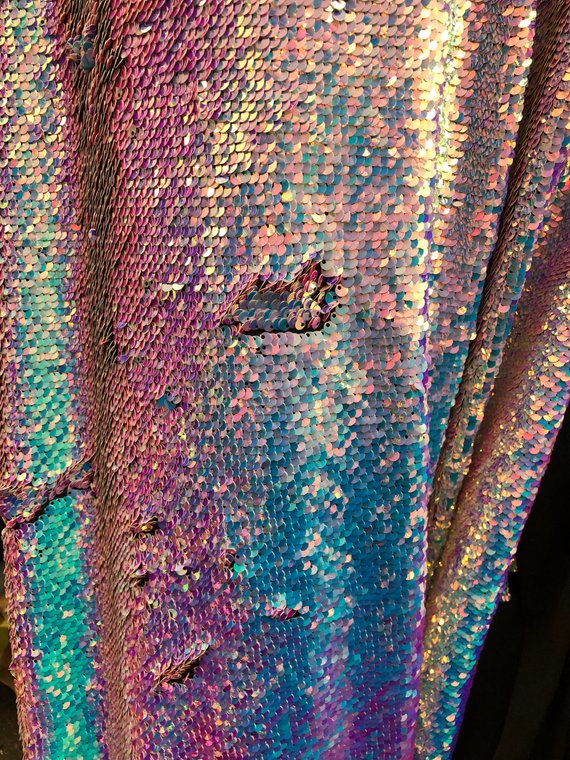 Mermaid Sequins Fabric Reversible 2 Way Stretch IRIDESCENT AQUA Shiny Flip Up Prom-Gown By Yard