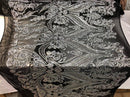 Big Damask Sequins Fabric - Silver on Black - 4 Way Stretch Damask Sequins Design Fabric By Yard