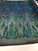 Big Damask Sequins Fabric - Iridescent Jade - 4 Way Stretch Damask Sequins Design Fabric By Yard