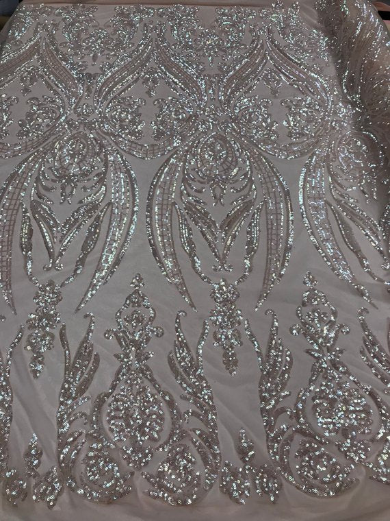 Big Damask Sequins Fabric - Iridescent Pink - 4 Way Stretch Damask Sequins Design Fabric By Yard