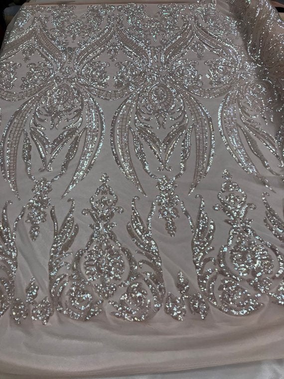 Big Damask Sequins Fabric - Iridescent Pink - 4 Way Stretch Damask Sequins Design Fabric By Yard