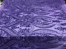 Big Damask Sequins Fabric - Lilac - 4 Way Stretch Damask Sequins Design Fabric By Yard