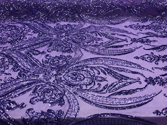 Big Damask Sequins Fabric - Lilac - 4 Way Stretch Damask Sequins Design Fabric By Yard