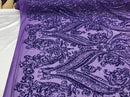 Big Damask Sequins Fabric - Lilac - 4 Way Stretch Damask Sequins Design Fabric By Yard