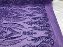 Big Damask Sequins Fabric - Lilac - 4 Way Stretch Damask Sequins Design Fabric By Yard