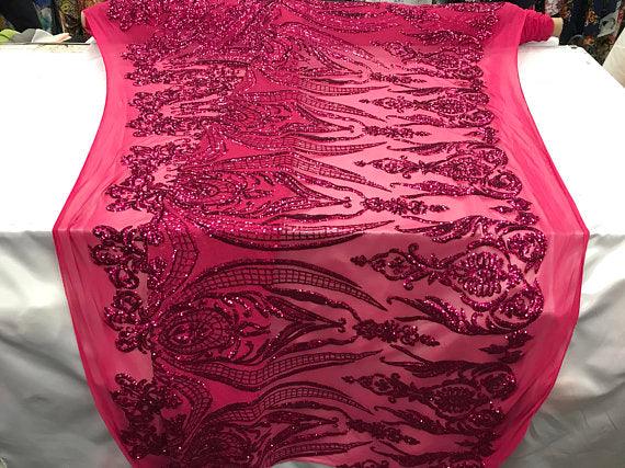Big Damask Sequins Fabric - Fuchsia - 4 Way Stretch Damask Sequins Design Fabric By Yard