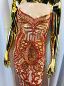 Iridescent Orange Sequins  - 4 Way Stretch Embroidered Royalty Sequins Design Fabric By Yard