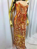 Iridescent Orange Sequins  - 4 Way Stretch Embroidered Royalty Sequins Design Fabric By Yard