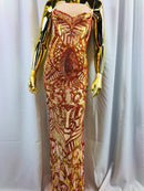 Iridescent Orange Sequins  - 4 Way Stretch Embroidered Royalty Sequins Design Fabric By Yard