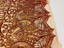 Iridescent Orange Sequins  - 4 Way Stretch Embroidered Royalty Sequins Design Fabric By Yard