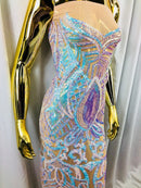 Iridescent Aqua  Sequin - 4 Way Stretch Embroidered Royalty Sequins Fancy Design Fabric By Yard