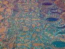 Iridescent Aqua  Sequin - 4 Way Stretch Embroidered Royalty Sequins Fancy Design Fabric By Yard