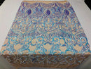 Iridescent Aqua  Sequin - 4 Way Stretch Embroidered Royalty Sequins Fancy Design Fabric By Yard