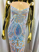 Iridescent Aqua  Sequin - 4 Way Stretch Embroidered Royalty Sequins Fancy Design Fabric By Yard