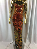 Fabric 4 Way Stretch  - Iridescent Orange Sequins - Embroidered Lace Fabric By The Yard