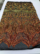 Fabric 4 Way Stretch  - Iridescent Orange Sequins - Embroidered Lace Fabric By The Yard