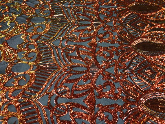 Fabric 4 Way Stretch  - Iridescent Orange Sequins - Embroidered Lace Fabric By The Yard