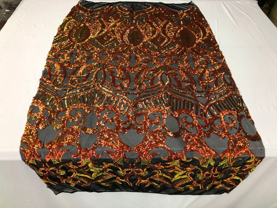 Fabric 4 Way Stretch  - Iridescent Orange Sequins - Embroidered Lace Fabric By The Yard