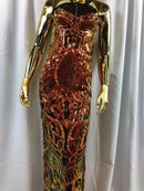 Fabric 4 Way Stretch  - Iridescent Orange Sequins - Embroidered Lace Fabric By The Yard