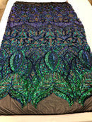 Iridescent Green - 4 Way Stretch Embroidered Royalty Sequins Design Fabric By Yard