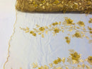 Gold 3D Floral Design Embroider With Pearls On A Mesh Lace Dresses-Prom-Nightgown By Yard